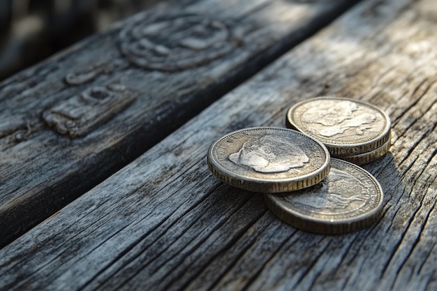 four coins on a wooden table with the eagle on the top