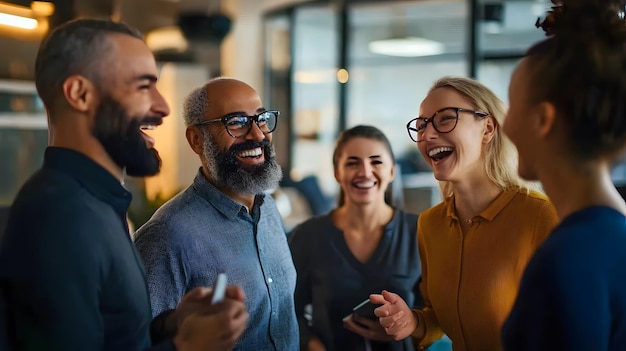 Four colleagues laughing together in an office setting