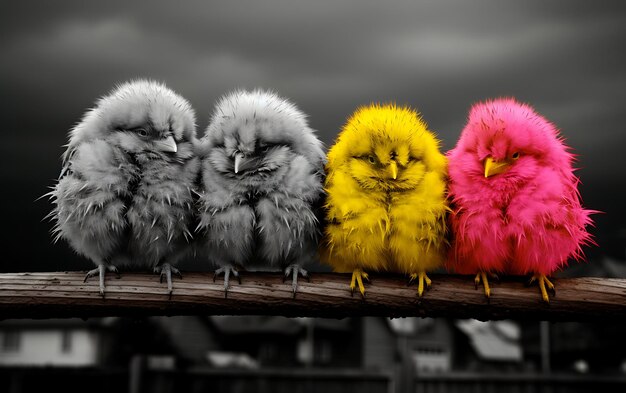 Photo four color fluffy birds