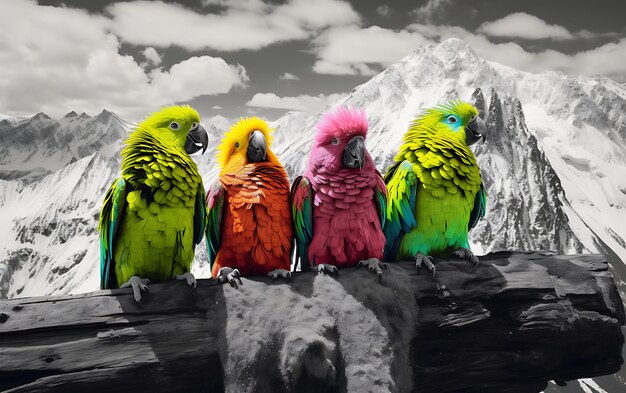 Photo four color fluffy birds