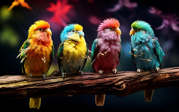 Photo four color fluffy birds