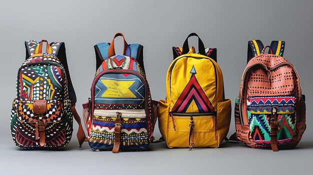 Photo four colorful backpacks with geometric patterns