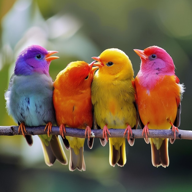 Photo four colorful birds perched closely together on a branch