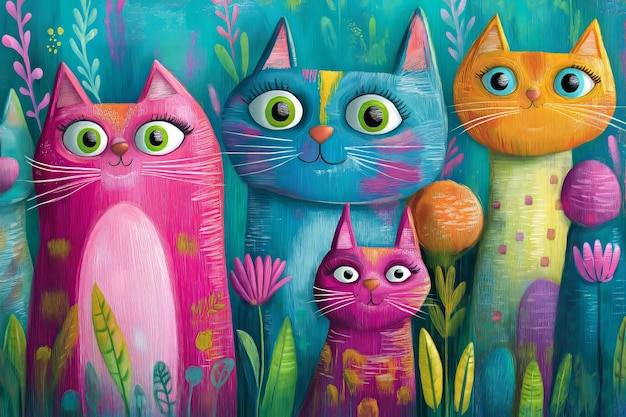 Photo four colorful cats with big eyes stand in a garden