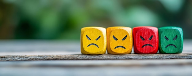 Photo four colorful cubes showing angry emojis expressing dissatisfaction