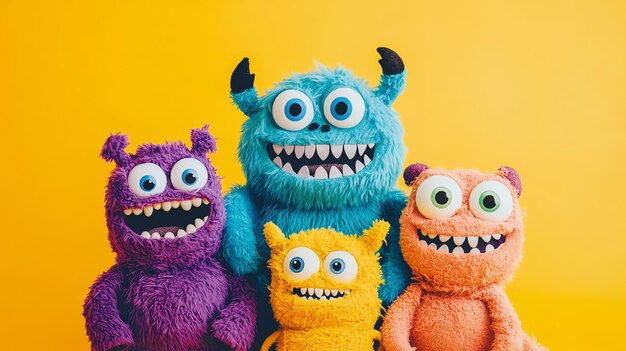 Photo four colorful fluffy monster toys with big smiles on a yellow background