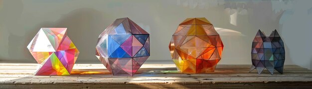 Photo four colorful geometric glass sculptures stand on a wooden tabletop in a soft light