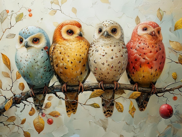 Photo four colorful owls are lined up on a branch