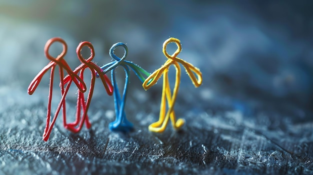 Four colorful paperclip people standing in a row