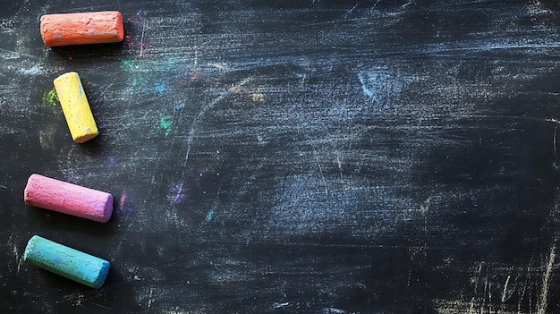 Photo four colorful pieces of chalk on a blank black chalkboard with copy space