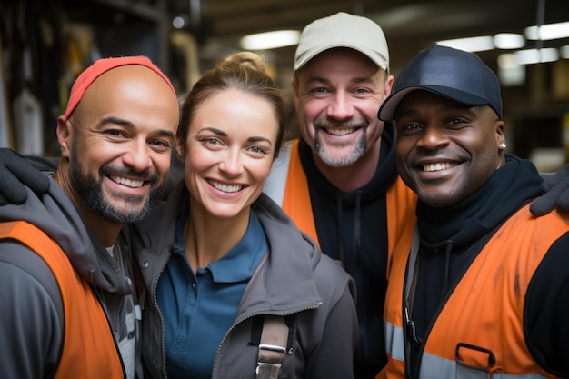 Four construction workers in hazmat vests at an industrial site collaborating on a project with focus and determination construction image