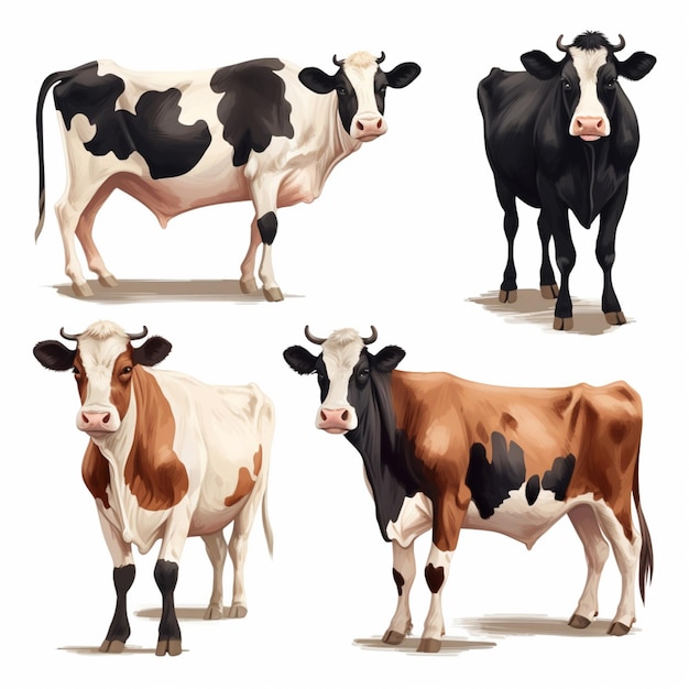 four cows standing in a row with different colors and patterns generative ai