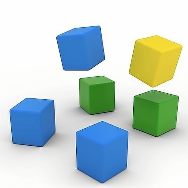 four cubes are arranged in a row one is blue green and yellow