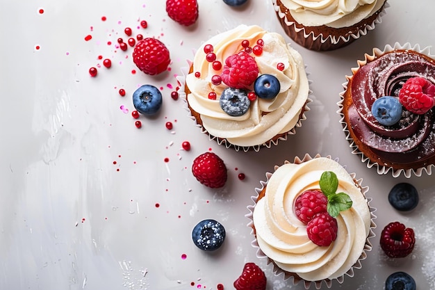 Four cupcakes topped with frosting and berries on a table