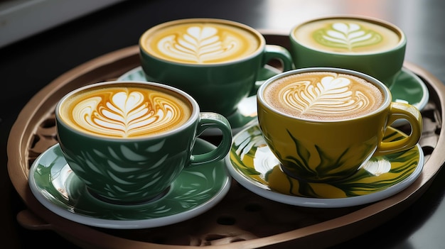 Four cups of coffee with latte art on wooden tray ai generated closeup image