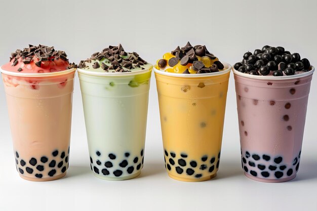 Photo four cups of different colored fruit and yogurt are lined up