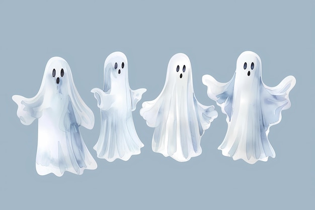 Four cute and spooky cartoon ghosts with white sheets and wide eyes on a light blue background