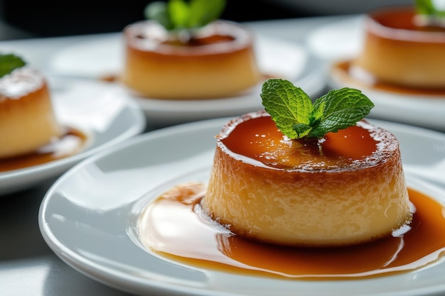 Photo four delicious caramel flan desserts each topped with a mint leaf displayed on small white plate