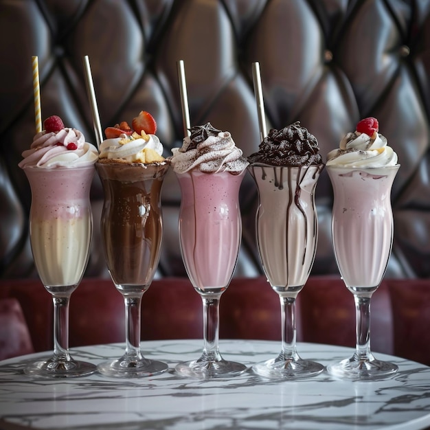 Photo four desserts with strawberries and cream on them are lined up on a table