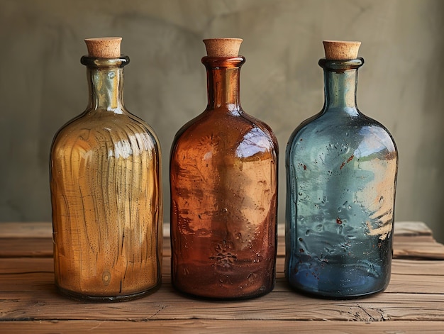 four different colored bottles are lined up on a wooden shelf