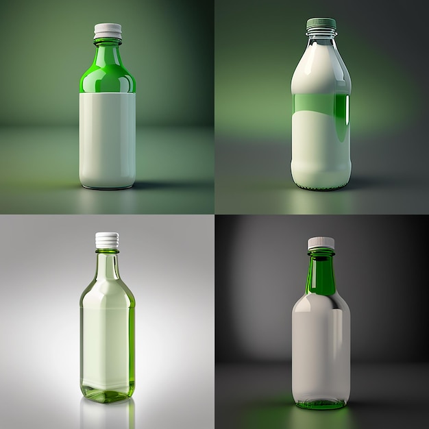 Four different colored bottles of different sizes and colors.