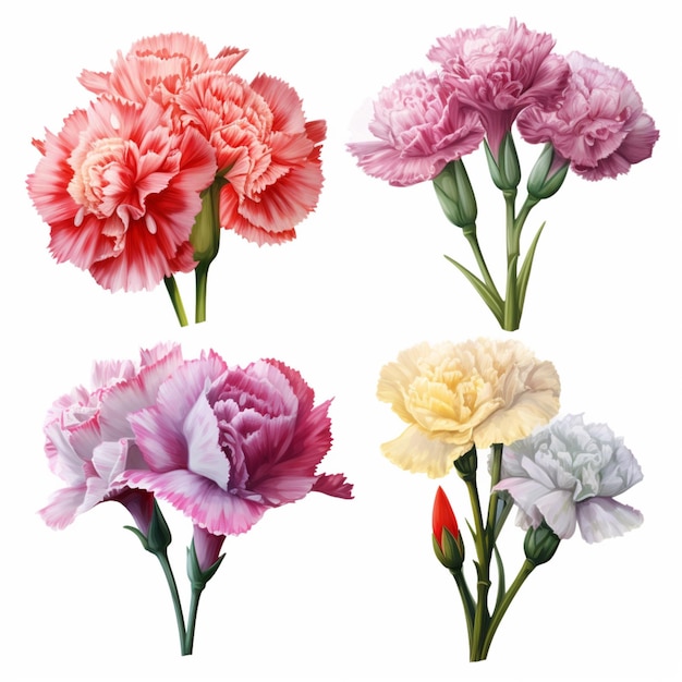 Four different colored carnations on a white background generative ai