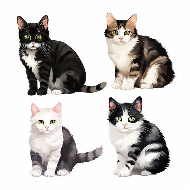 four different colored cats sitting on a white surface generative ai