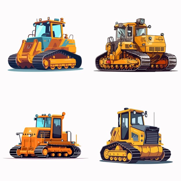 Four different colored construction vehicles including a yellow bulldozer