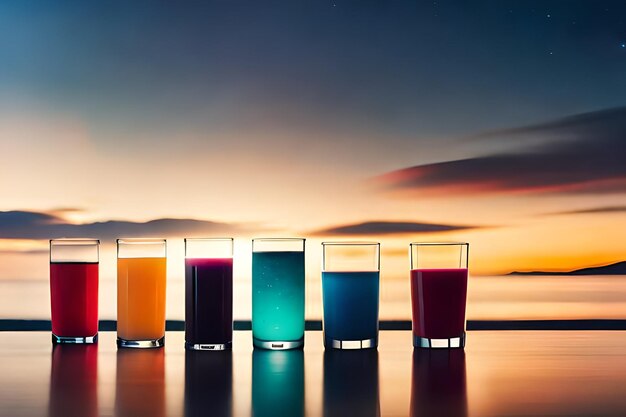 Photo four different colored juices are lined up in a row.