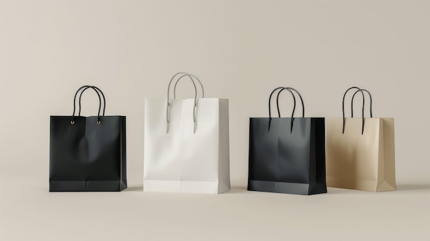 Four different colored shopping bags are displayed on a white background