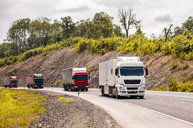 Four different coloured trucks moving by a road