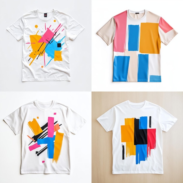 Photo four different designs of a white t shirt with abstract geometric patterns on a white background