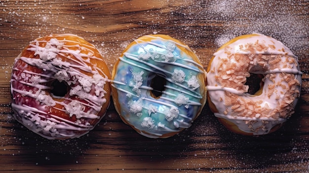 Four different donuts sitting on a wooden table