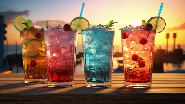 four different drinks with ice and fruit on them one of which is blue red and the other is ice - cream