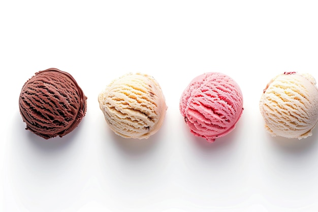 Photo four different flavored ice cream scoops on white background top view vanilla strawberry chocolate caramel