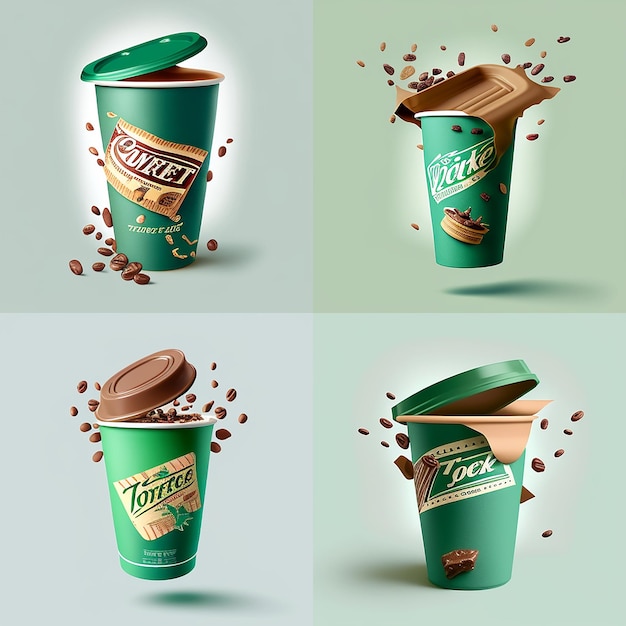 Four different green starbucks coffee cups with the words coffee.