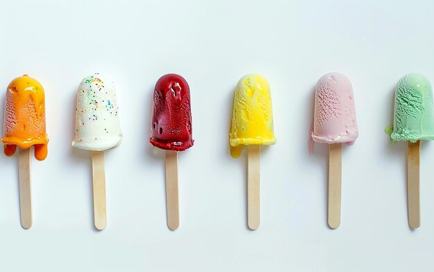 four different ice creams are lined up on sticks