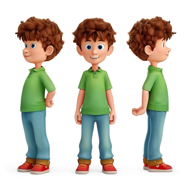 four different images of a boy with brown hair and blue jeans