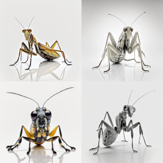 Four different images of a grasshopper and a grasshopper.