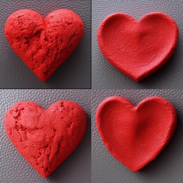 four different images of a red heart shaped cookie on a table generative ai