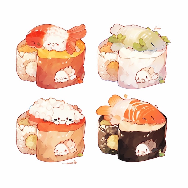 Four different kinds of sushi with different toppings on them generative ai