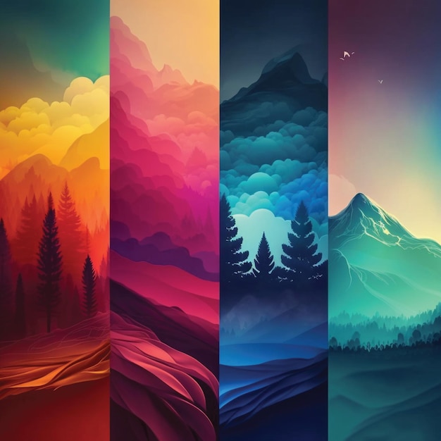 Four different mountain illustrations on a dark background