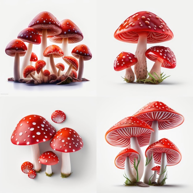 Four different pictures of mushrooms with different colors and shapes.