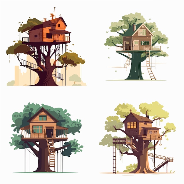 Photo four different tree houses with a tree in the middle