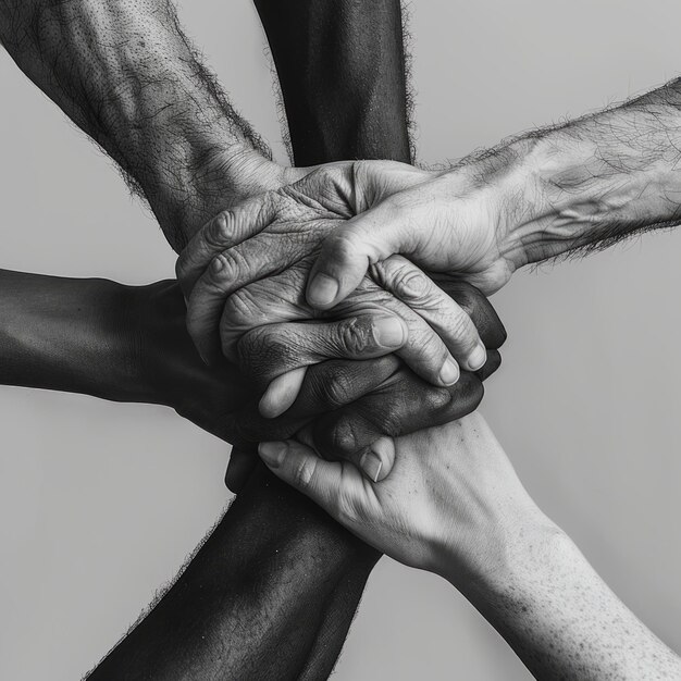 Photo four diverse hands clasped together in unity