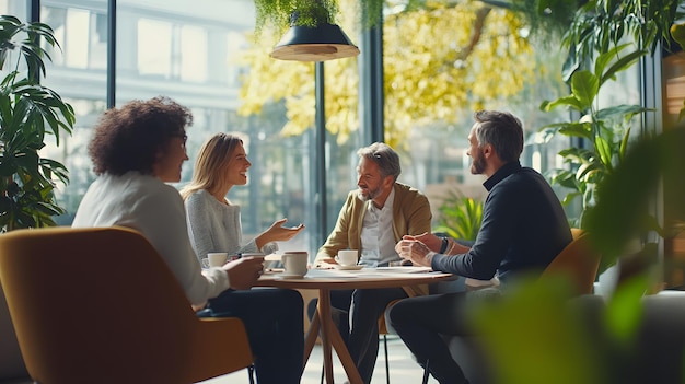 Photo four diverse people engaged in conversation at a table in a cafe