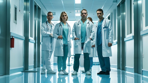 four doctors in a hospital with a stethoscope around their neck