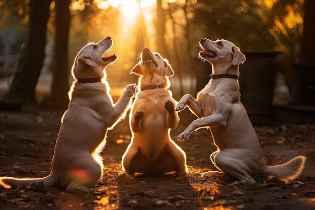 Four dogs are playing together