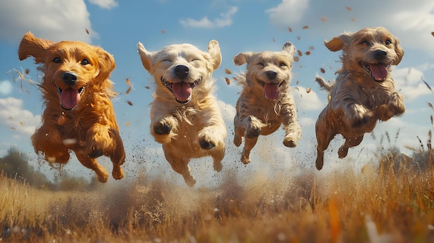 Photo four dogs jumping in field photo