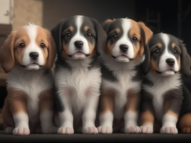 Four dogs sit together in a row, one of which is a puppy.